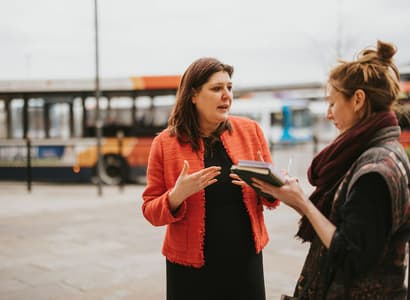 Kate Ellis being interviewed for Destination Lincolnshire at Lincoln Central Bus Station